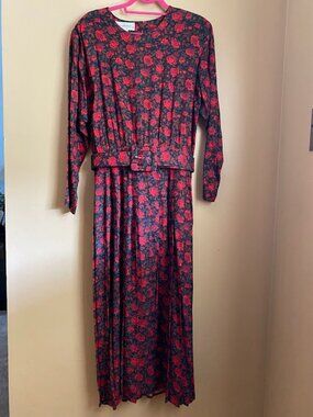 Red flowered long-sleeve dress